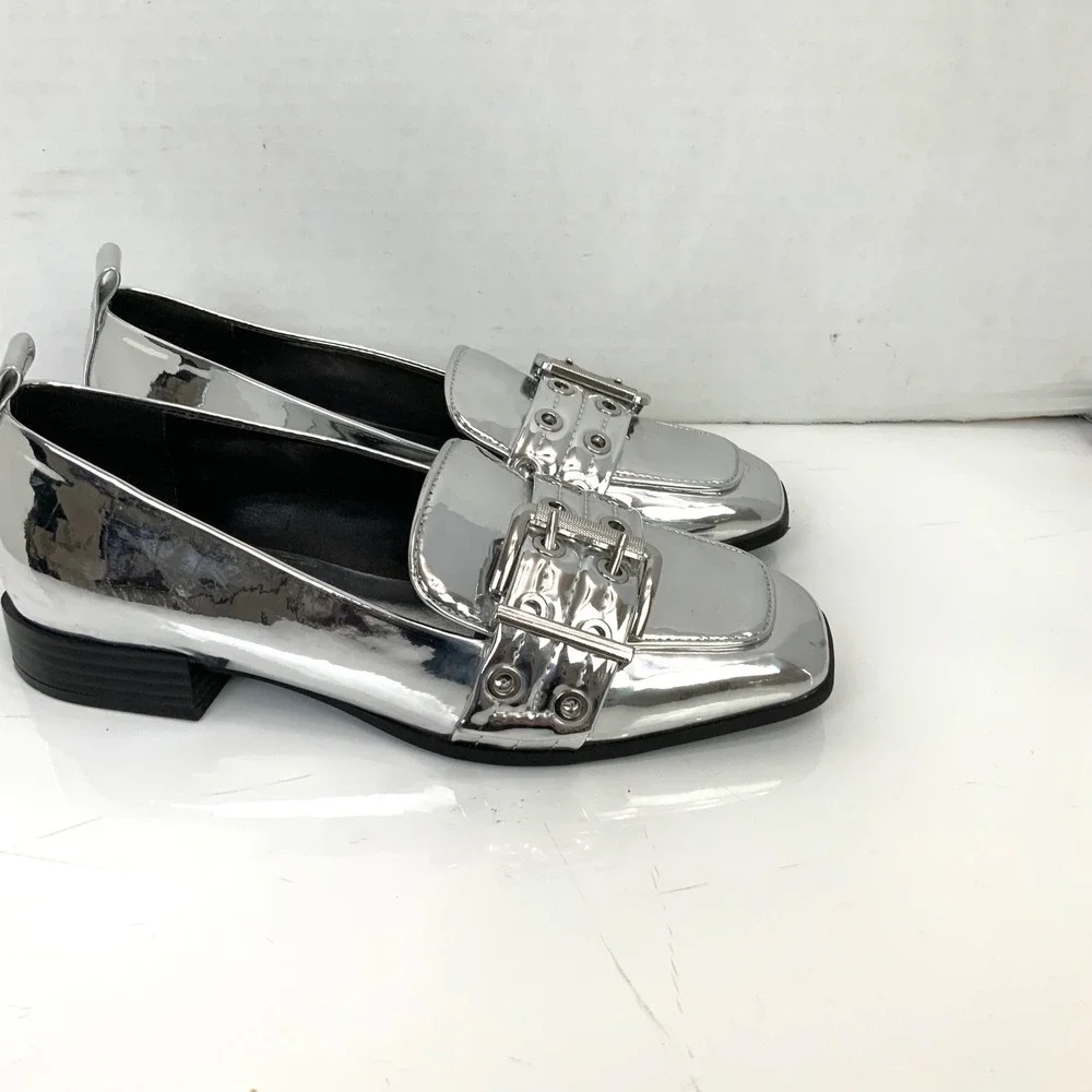 Mix No. 6 Sz 7.5 Silver Metallic Double Strap Buckle Square Toe Loafers Shoes